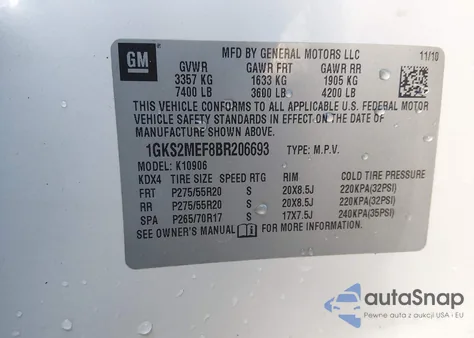 2011 GMC Yukon Xl 1500 Denali z USA, uszkodzony, nr VIN 1GKS2MEF8BR206693